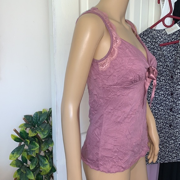 Dusty rose pink Lacey satin bow empire sleeveless tank top S M - Picture 10 of 12